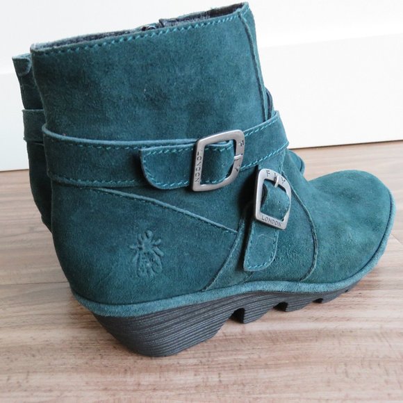FLY LONDON Perz Suede Leather Ankle Wedge Buckle Boots Dark Petrol Size US 7.5/8 - Picture 13 of 16